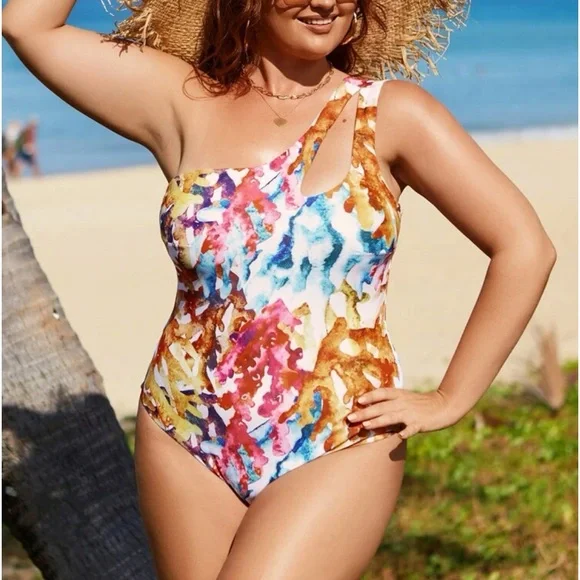 Boho Plus Size Watercolor Print One Shoulder Monokini One Piece Beach Swimsuit - Picture 2 of 10